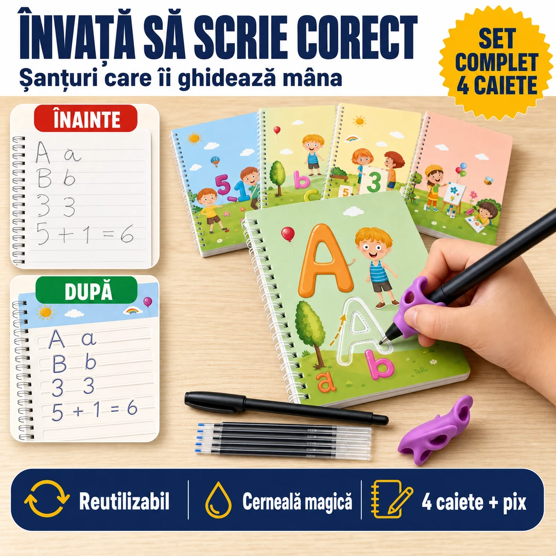 Set de invatat scrisul pentru copii - 4 caiete cu santuri