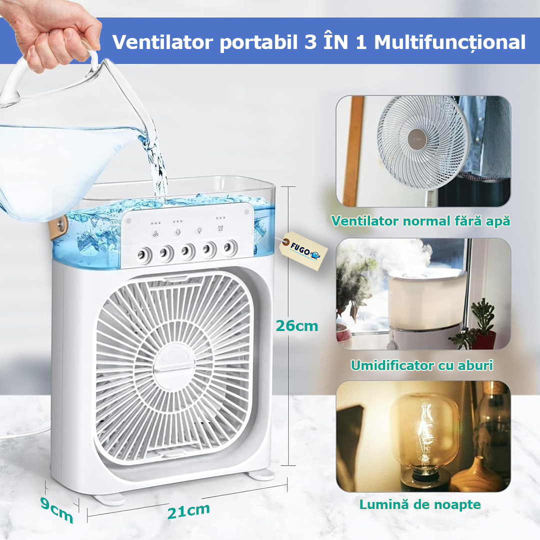 Ventilator portabil 3 în 1 cu pulverizare: racorire, umidificare și iluminare în 7 culori