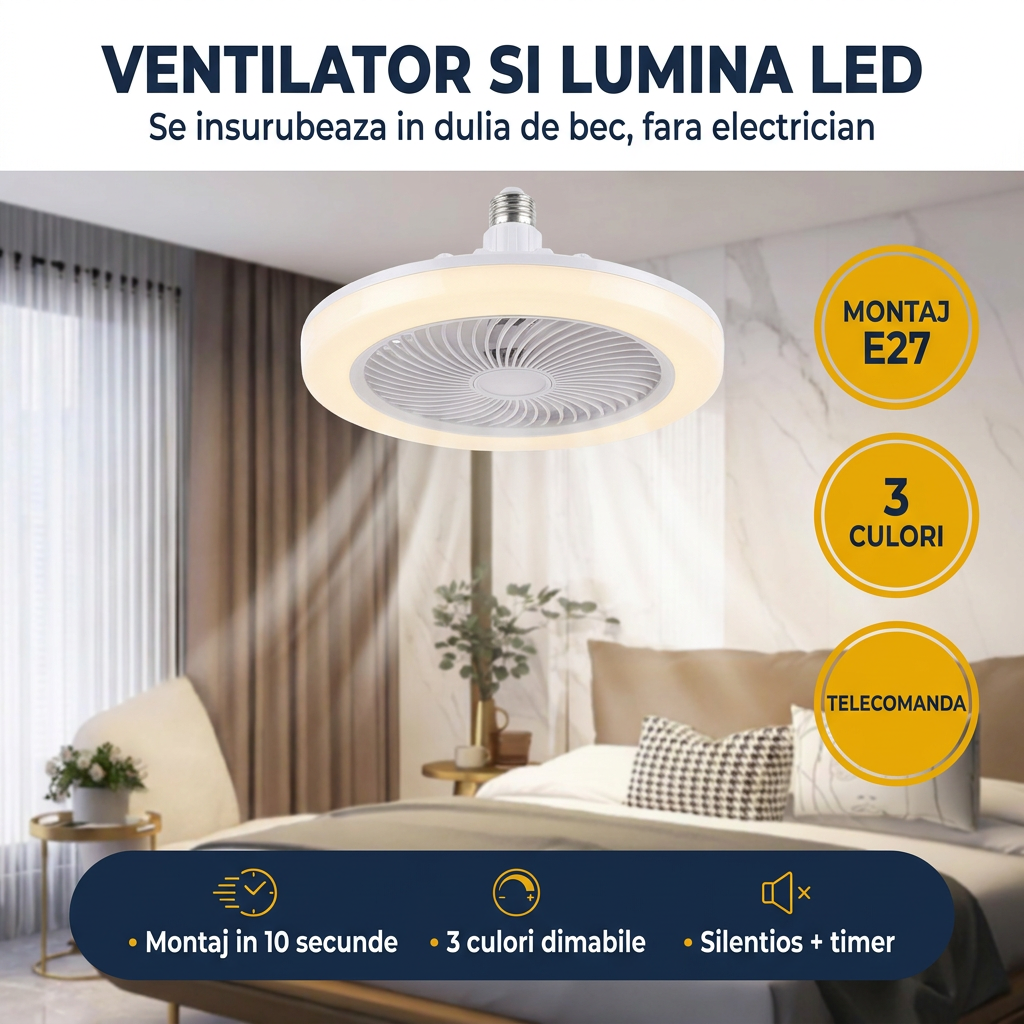 Ventilator de tavan LED E27 - ventilator si lumina LED